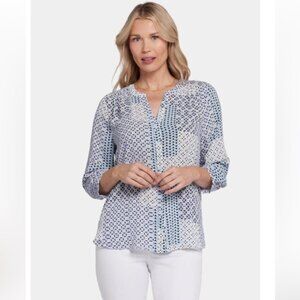 NYDJ NEW Pintuck Blouse Flowy Print Patchwork Top Split Round Neck Minimalist 1X